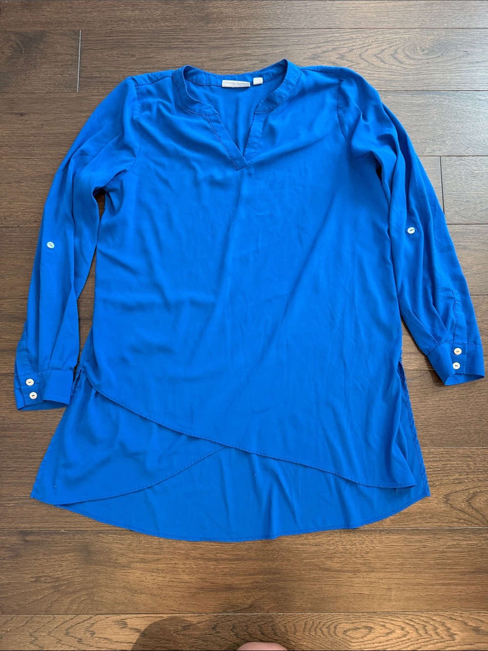 Susan Graver Stretch Woven Tunic Blouse Top Crossover Hem Blue 8 - C58-019